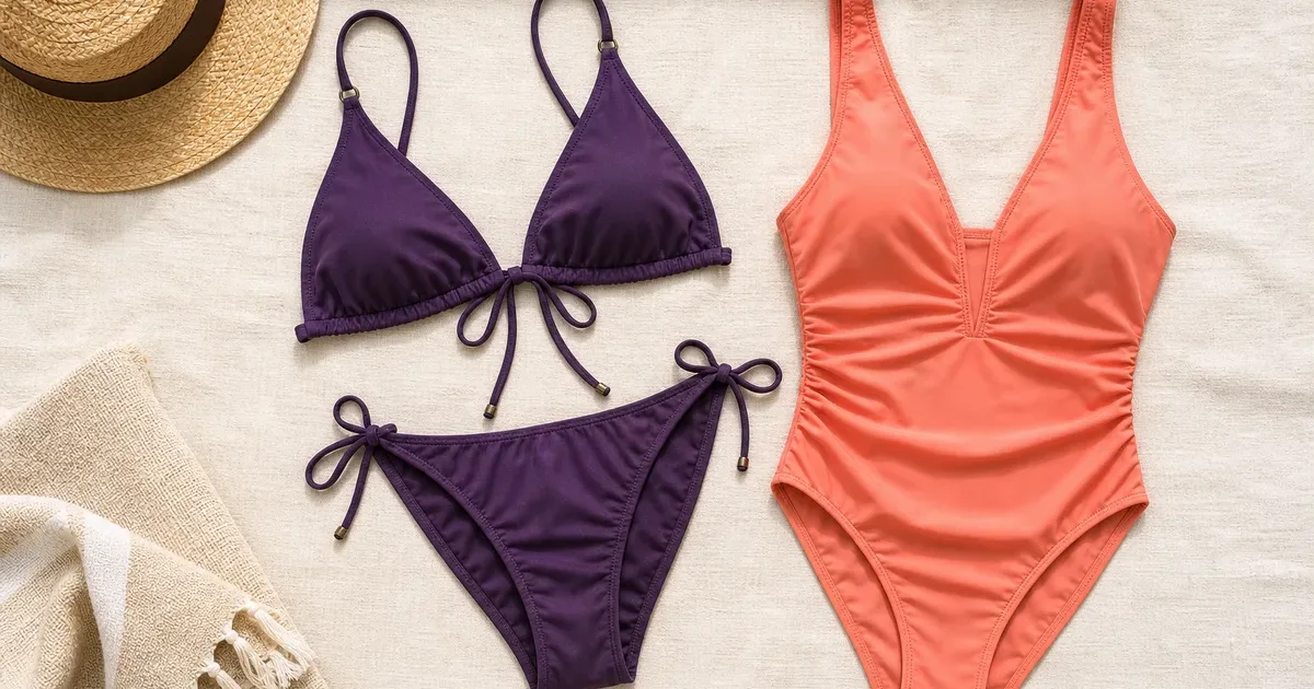 Bikini morado ajustable y traje de baño enterizo coral comparados sobre una superficie clara