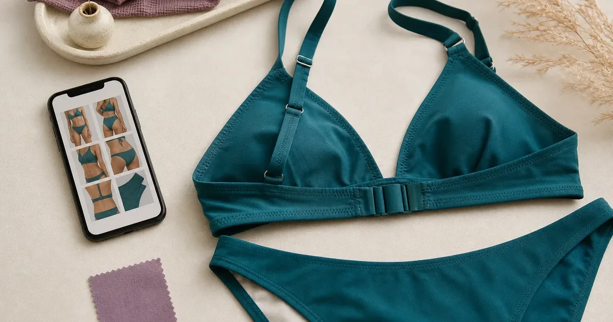 Bikini verde azulado de tiras ajustables junto a un teléfono con fotografías del producto