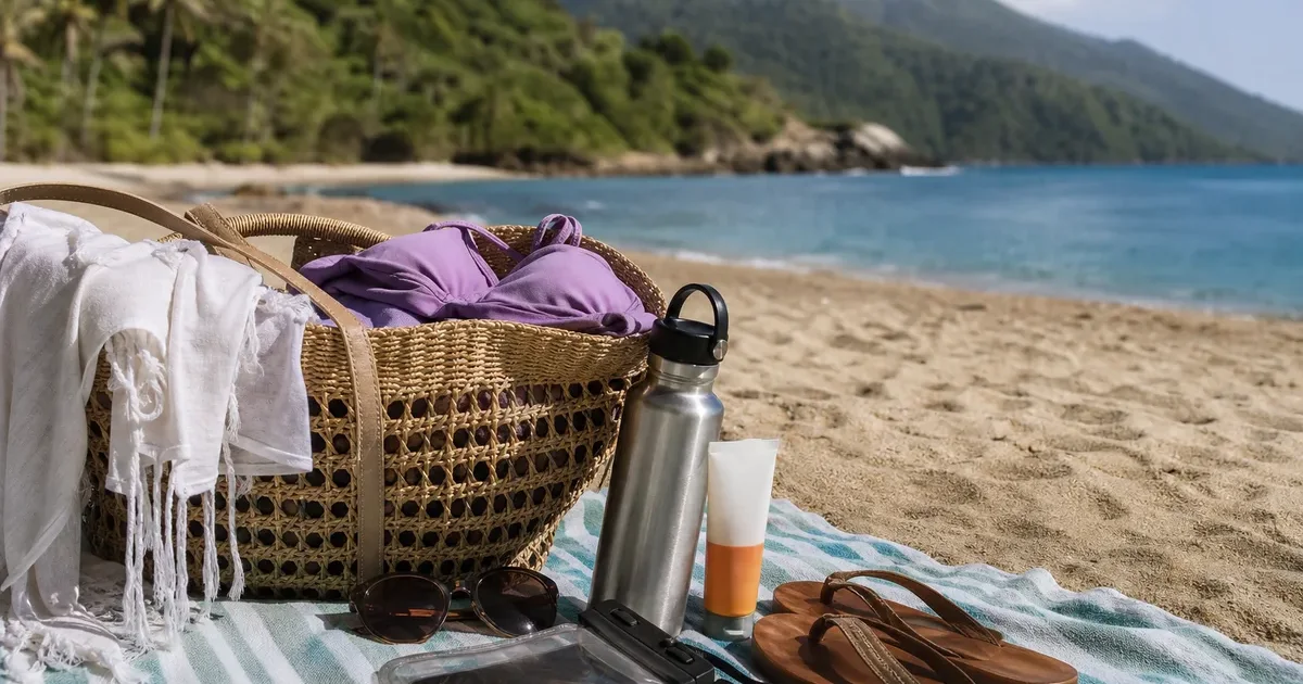 Bolso con traje de baño, protector solar, agua y accesorios frente a una playa de la costa de Aragua